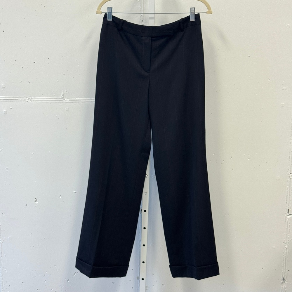 Ann Taylor Virgin Wool Pinstripe Wide Leg Cuffed Trousers Pants Black Size 4